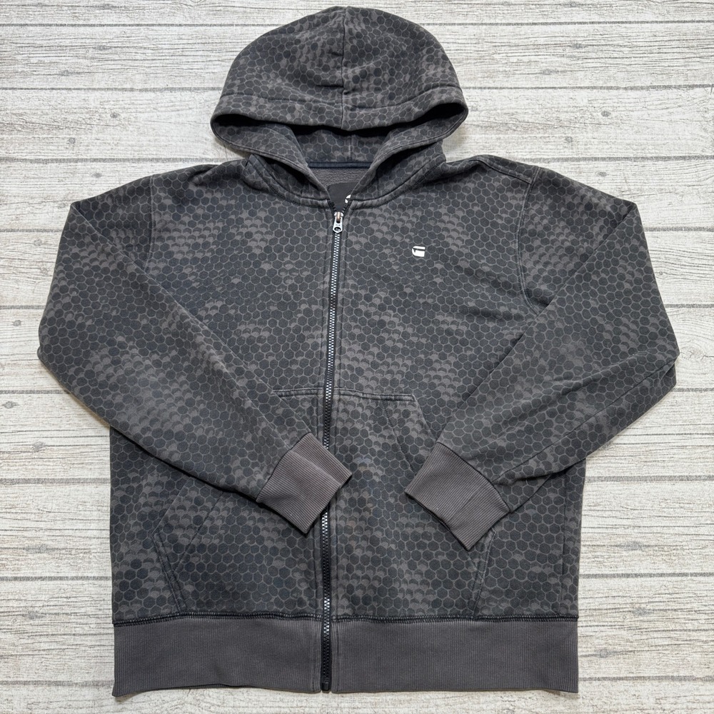 G-Star Raw Hoodie Men's Medium Gray Honeycomb Print Zip Up Sweatshirt Athleisure